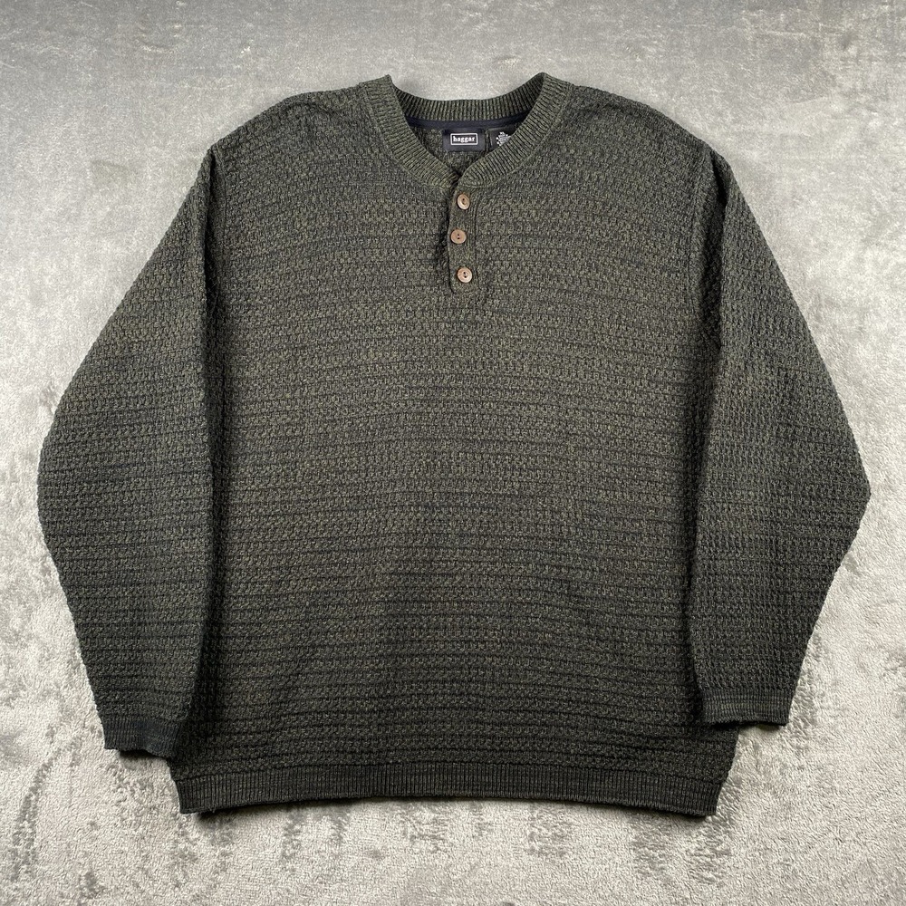 Vtg Haggar Sweater‎ Mens Size XL Green Textured Knit Henley Faux Wood Buttons